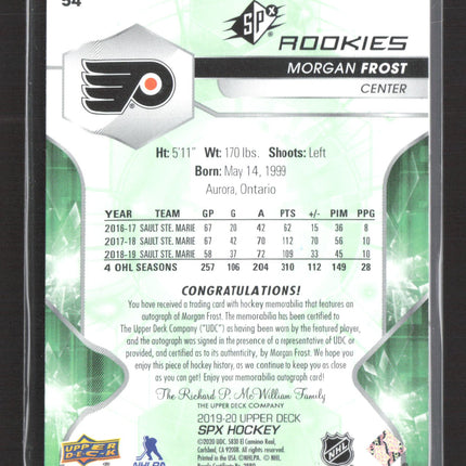 2020 Upper Deck SPx Hockey Morgan Frost #54 Green Patch 04/35 Auto