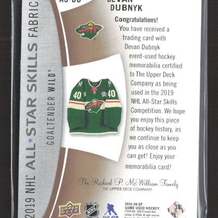 2019 UD SP Game Used NHL All-Star Skills Fabrics Devan Dubnyk #AS-DU Patch 14/35