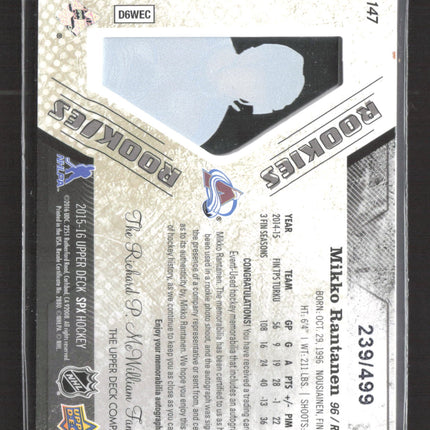2015 Upper Deck SPx Mikko Rantanen #147 Quad Jersey Auto Jersey 239/499