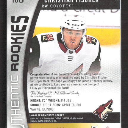 2018 UD SP Game Used Hockey Christian Fischer #180 Rookies Gold Patch 44/49