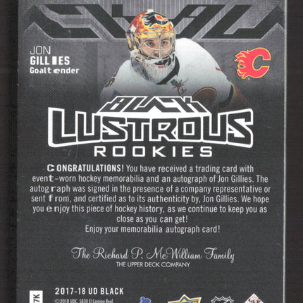 2018 Upper Deck Black Lustrous Rookies Jon Gillies #LR-JG Patch Auto /65