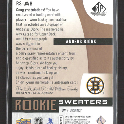 2017 Upper Deck SP Game Used Rookie Sweaters Anders Bjork #RS-AB Patch Auto /49