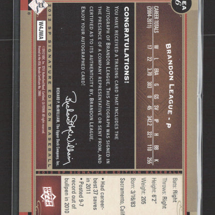 2012 Upper Deck SP Signature Edition Brandon League #SEA-6 Auto