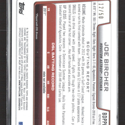 2012 Topps Bowman Chrome Joe Bircher #BDPP67 Gold Refractor 12/50