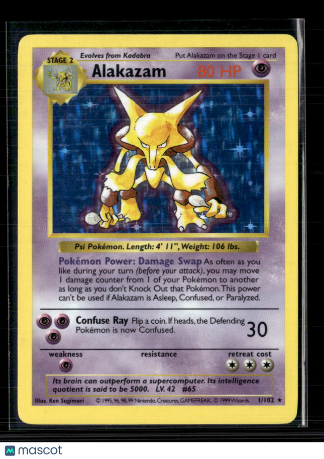 Pokemon 1999 Base Set Shadowless Alakazam #1/102 Holo