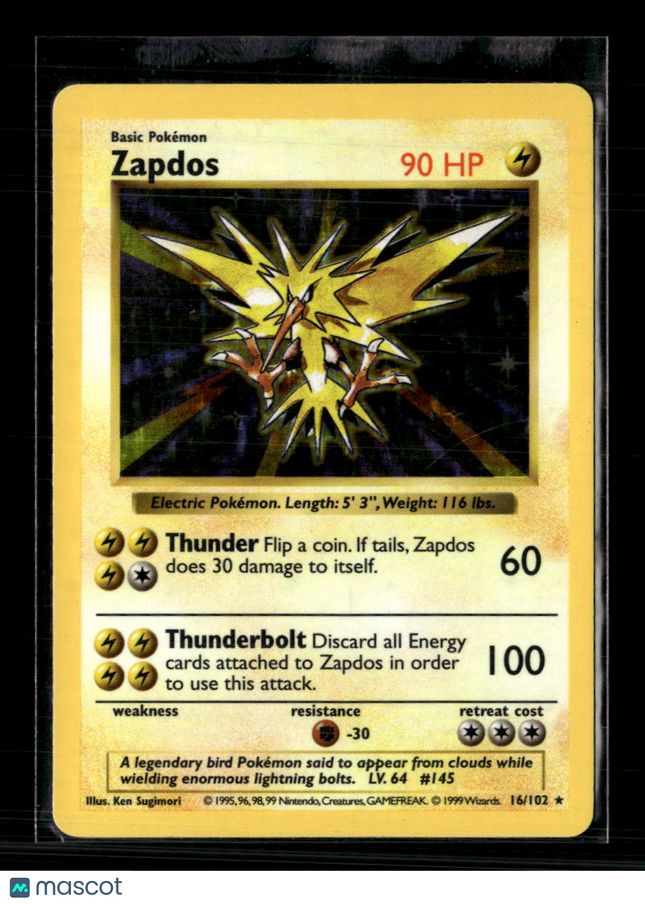 Pokemon 1999 Base Set Shadowless Zapdos #16/102