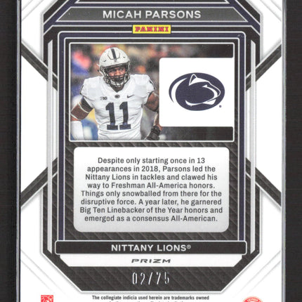 2023 Panini Prizm Draft Picks Micah Parsons #75 Purple 02/75