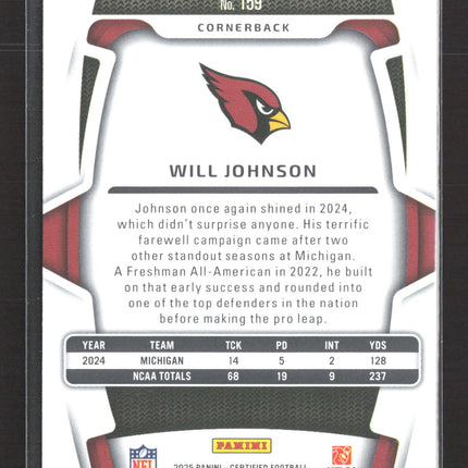 2025 Panini Certified Will Johnson #159 RC 055/399