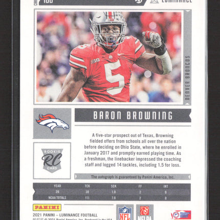 2021 Panini Luminance Football Baron Browning #186 RC 16/25 Auto