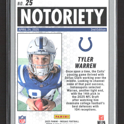 2025 Panini Mosaic Football Notoriety Tyler Warren #25 Silver RC