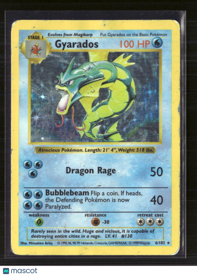 Pokemon 1999 Base Set Shadowless Gyarados #6/102 Holo