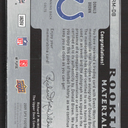 2009 Upper Deck SPx Rookie Materials Donald Brown #RM-DB 04/50 Dual Patch Auto