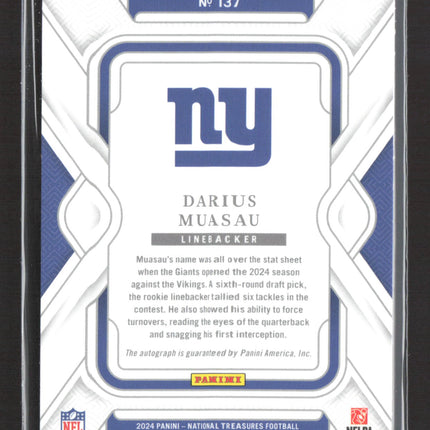 2024 Panini National Treasures Darius Muasau #137 62/99 RC Auto