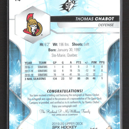2020 Upper Deck SPx Hockey Thomas Chabot #14 Auto