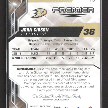 2020 Upper Deck Premier John Gibson #36 Memorabilia Jersey