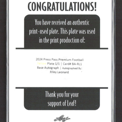 2024 Leaf Press Pass Premium Riley Leonard #BARL1 Yellow Printing Plate 1/1 auto