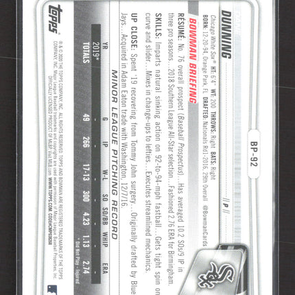 2020 Bowman Dane Dunning #BP-92 Sky Blue /499