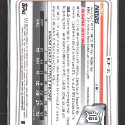 2020 Topps Bowman Chrome Isaac Paredes #BCP-120 Gold Refractor /50