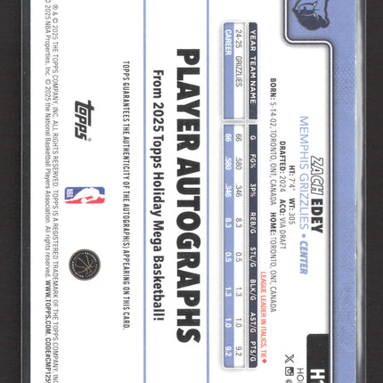 2025 Topps Holiday Mega Basketball Zach Edey #H150 Red Auto /10