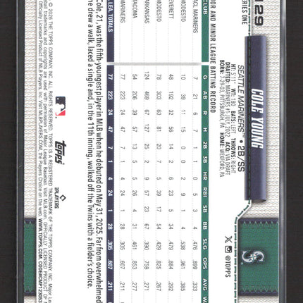 2026 Topps Series One Cole Young #129 Silver Foil RC