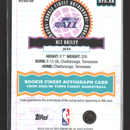 2026 Topps Finest Ace Bailey #RFA-AB Refractor RC Auto