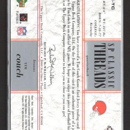 2002 UD SP Legendary Cuts SP Classic Threads Tim Couch #CC-TC 141/350 Jersey
