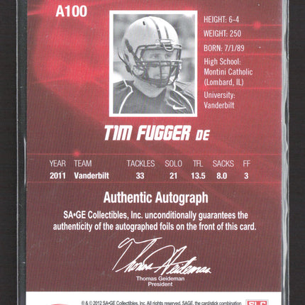 2012 SAGE Hit Tim Fugger #A100 Authentic Autograph