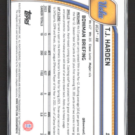 2024 Topps Bowman Chrome University T.J. Harden #165 Blue Mini Diamond /175