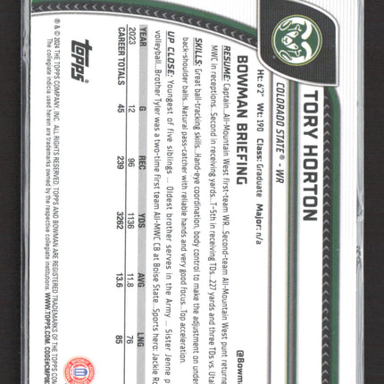 2024 Topps Bowman Chrome University Tory Horton #174 Blue Refractor 1st /199