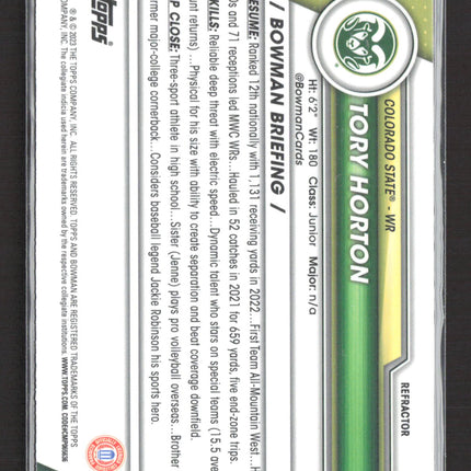 2023 Topps Bowman Chrome University Tory Horton #73 Refractor