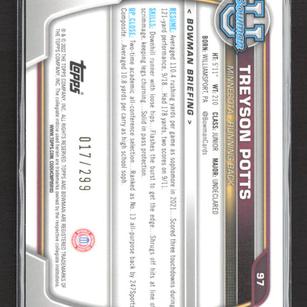 2022 Bowman University Treyson Potts #97 Aqua Wave Refractor