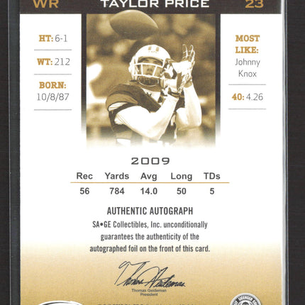 2010 SAGE HIT Taylor Price #A87 Authentic Autograph