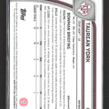2024 Topps Bowman Chrome Taurean York #168 Refractor 1st Bowman