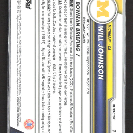2023 Bowman Chrome University Will Johnson #157 Refractor 1st Bowman