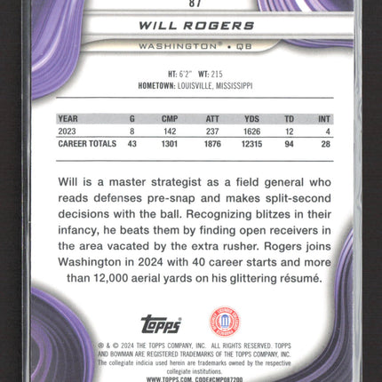 2024 Bowman University Best Will Rogers #87 Speckle Refractor