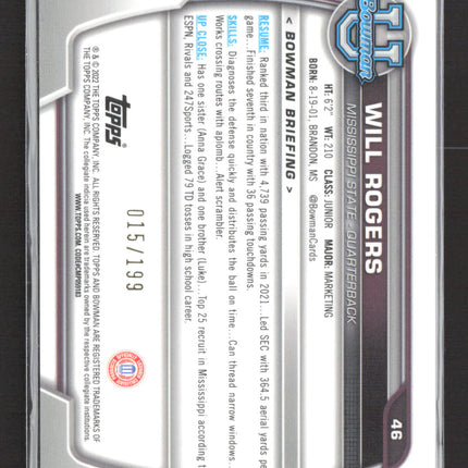 2022 Topps Bowman University Will Rogers #46 Blue