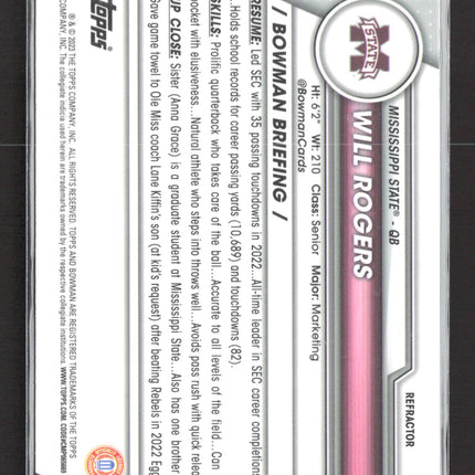 2023 Topps Bowman Chrome University Will Rogers #179 Refractor