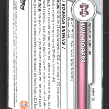 2023 Bowman University Chrome Will Rogers #179 Refractor