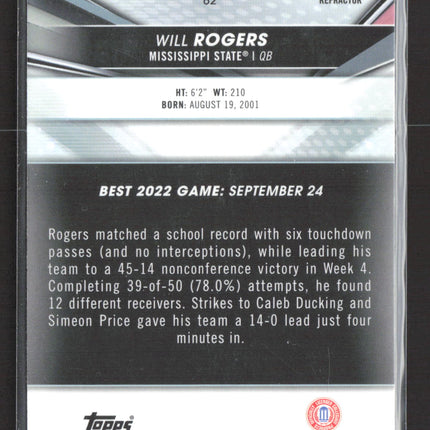 2022 Bowman University Will Rogers #62 Refractor