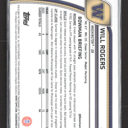 2024 Bowman Chrome University Will Rogers #185 Blue Refractor /199