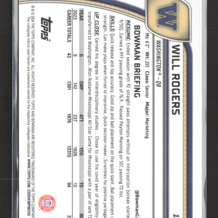 2024 Bowman Chrome University Will Rogers #185 Aqua Speckle /275