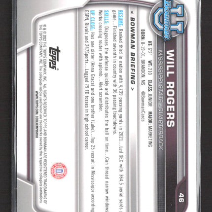 2022 Bowman University Will Rogers #46 1st Bowman