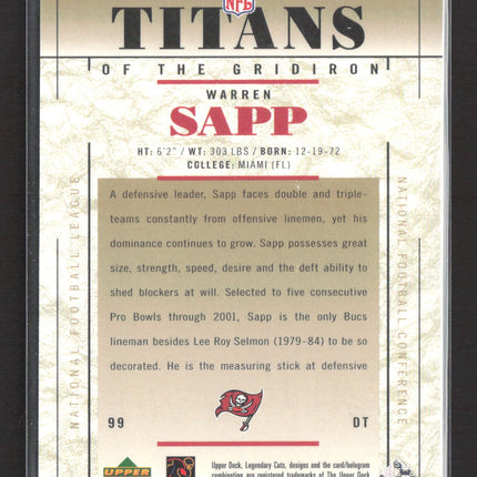 2002 Upper Deck SP Legendary Cuts Titans of the Gridiron Warren Sapp #110 /1500