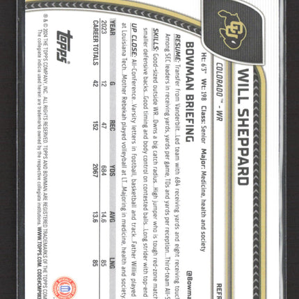 2024 Bowman Chrome University Will Sheppard #186 Refractor