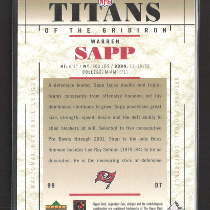 2002 Upper Deck SP Legendary Cuts Titans of the Gridiron Warren Sapp #110 /1500