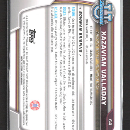 2022 Topps Bowman University Xazavian Valladay #64 1st Bowman