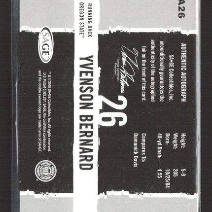 2008 SAGE HIT Yvenson Bernard #A26 Authentic Autograph