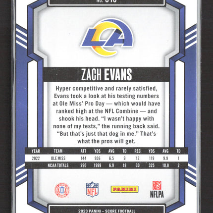 2023 Panini Score Football Zach Evans #319 Star Parallel RC 080/299
