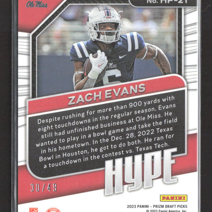 2023 Panini Prizm Draft Picks Hype Zach Evans #HP-21 Orange Pulsar 30/49