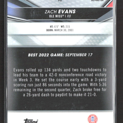 2022 Topps Bowman University Zach Evans #98 Refractor